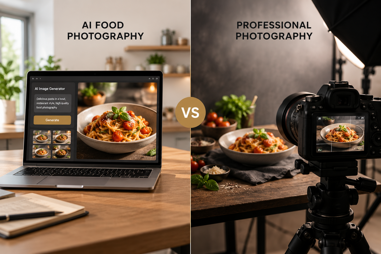 Comparison of a phone food photo and an AI-enhanced restaurant food image