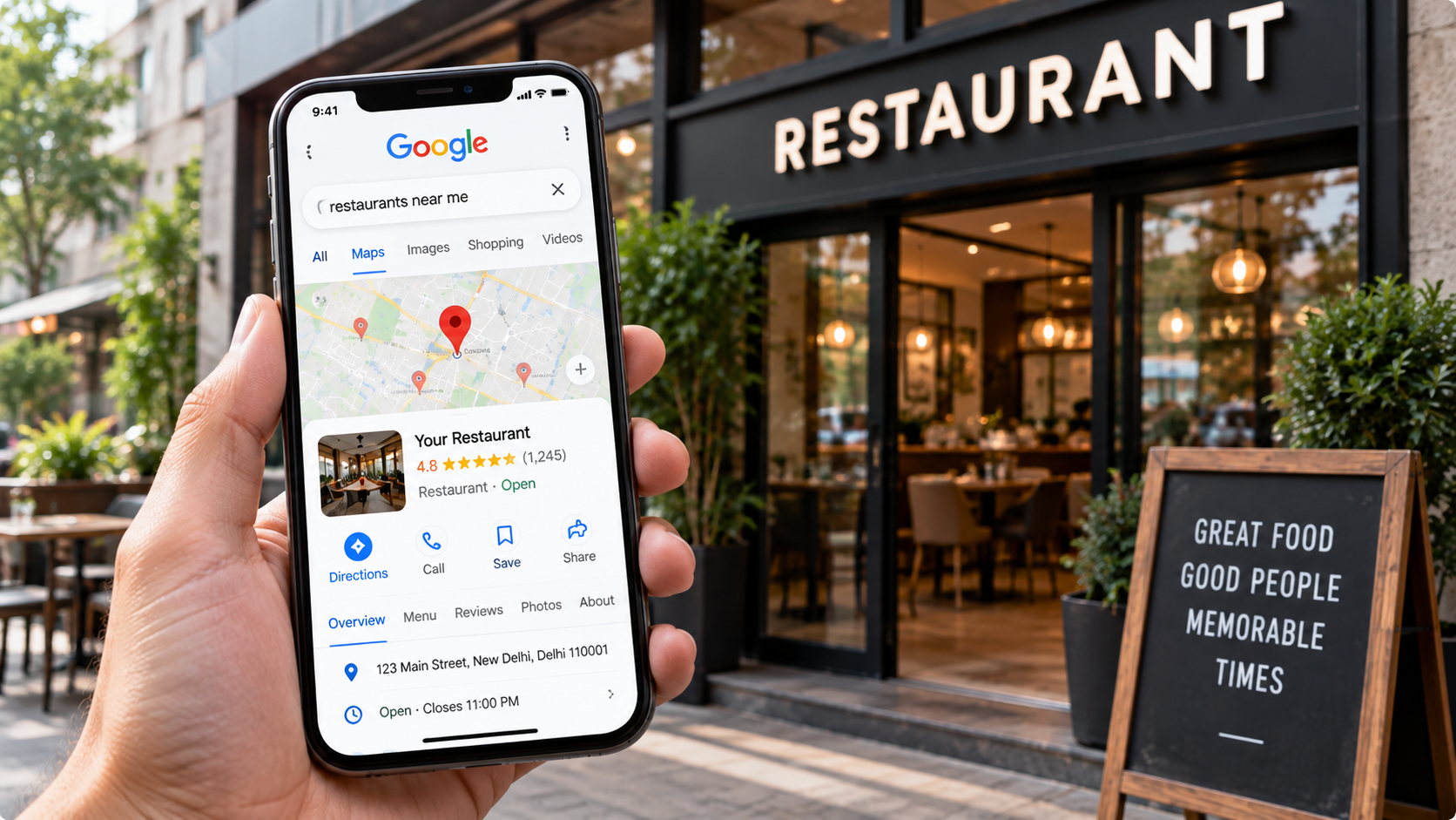 Map showing local search visibility around a restaurant location