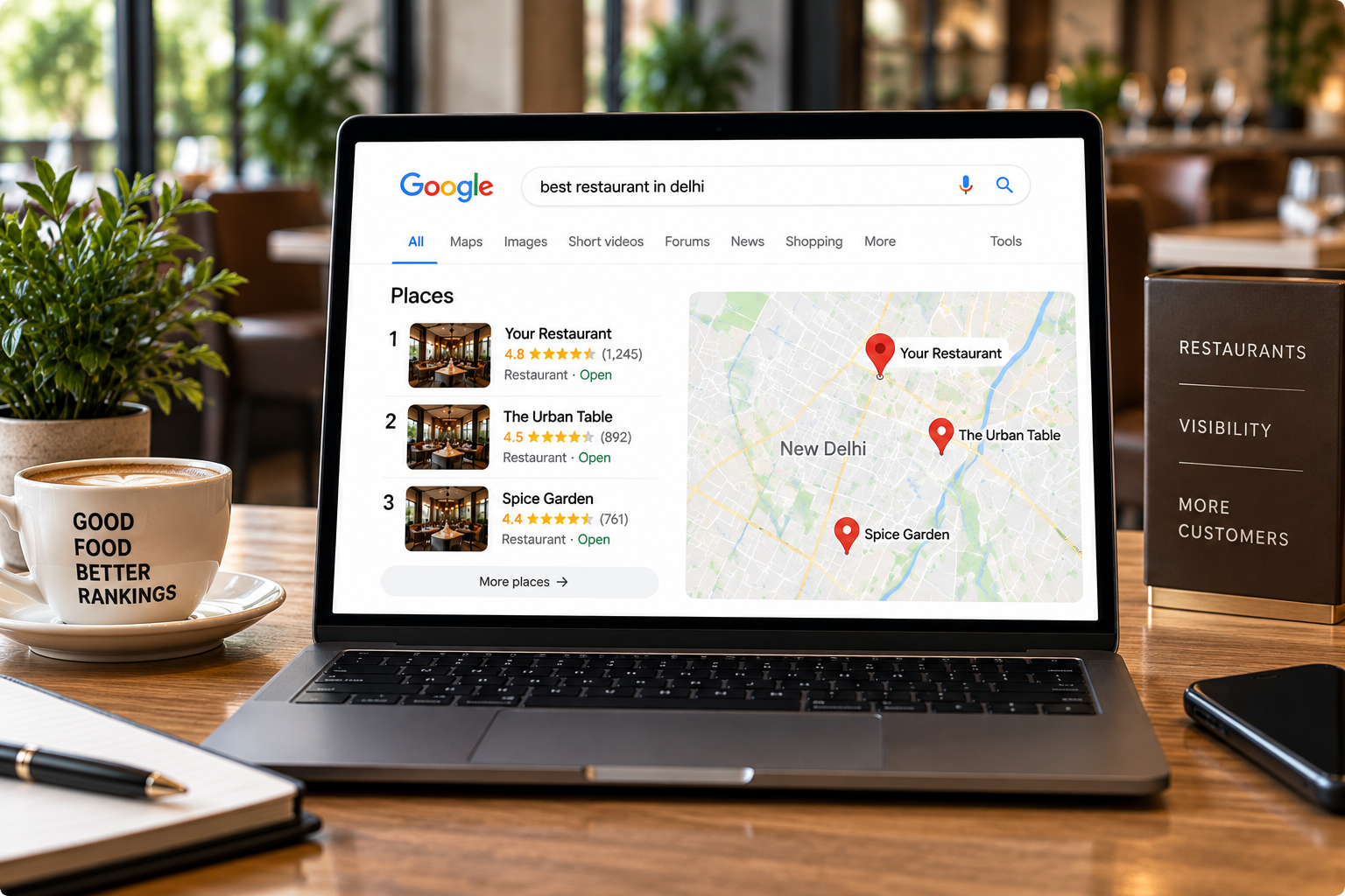 Google Maps results for restaurants displayed on a mobile phone